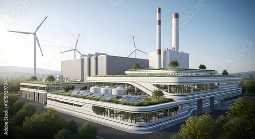Futuristic factory running only on renewable energy, zero emissions concept