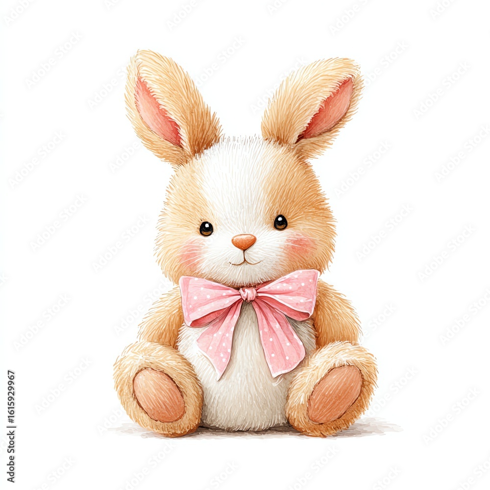 Obraz premium a hand-painted watercolor image of a fluffy bunny toy with pink bow, baby nursery theme, isolated on white