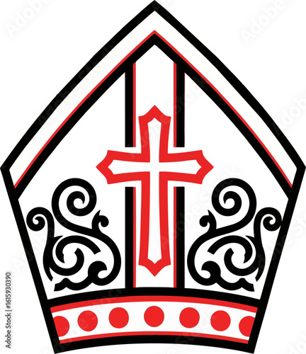 Red and Black Minimalist Bishop Mitre Vector with Cross and Ornamental Design