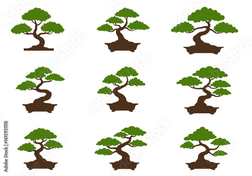 9 bonsai trees in pots are displayed in a 3x3 grid formation against a blank white backdrop