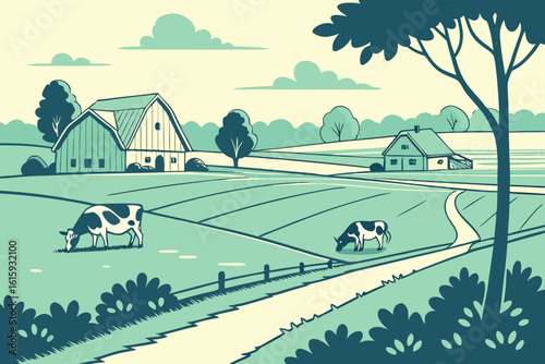 Observe a peaceful countryside farm in the Netherlands with cows, barns, and open fields under a bright sky in modern flat illustration style.
