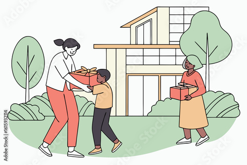 Overseas Filipino homecoming scene in the Philippines with pasalubong boxes and hugs, modern flat illustration style