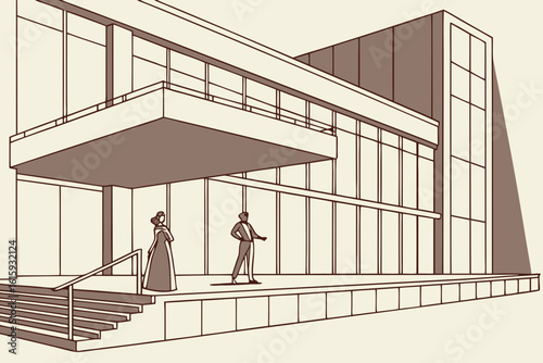Opera rehearsal inside the Oslo Opera House in Norway with minimalist staging, modern flat illustration style