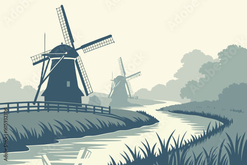 Imagine an early morning fog over Dutch windmills in the Netherlands with soft light and reflections in modern flat illustration style.