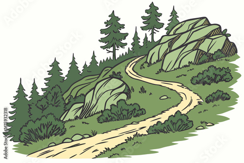 Inland mountain biking trail network in Norway weaving through pine and granite, modern flat illustration style