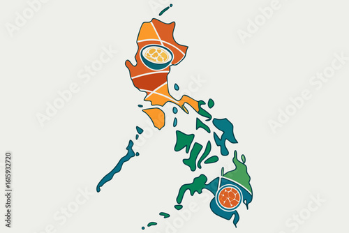 Mosaic map of the Philippines shaped from local dishes like adobo, sinigang, and halo-halo, modern flat illustration style