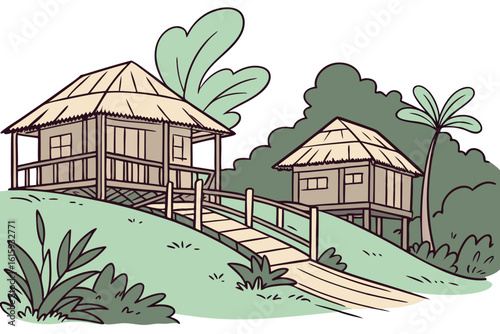 Nipa hut eco-resort in the Philippines with rainwater collectors and bamboo bridges, modern flat illustration style