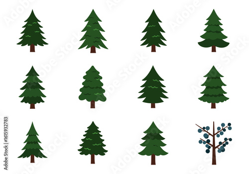 An array of evergreen trees of varying designs arranged in a 3x4 grid