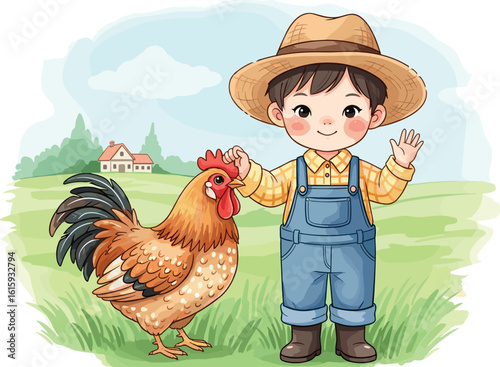 Cute cartoon farmer kid with chicken. Watercolor style. Cartoon character illustration.
