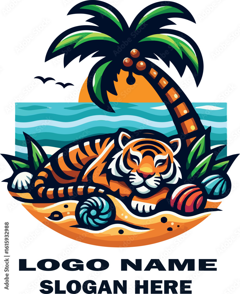 Naklejka premium Colorful vector illustration of a relaxed tiger lounging under a beach palm tree .