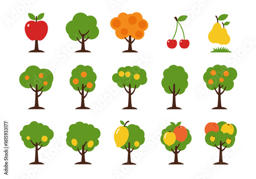 Assorted fruit trees including apples oranges peaches mangoes and cherries