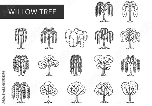 Blackandwhite sketch array of willow trees some with broad canopies others weeping all with varying textures and detail
