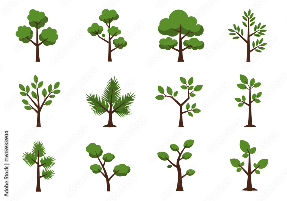 Obraz premium Collection of twelve cartoon tree illustrations with varying leaf shapes and branch structures