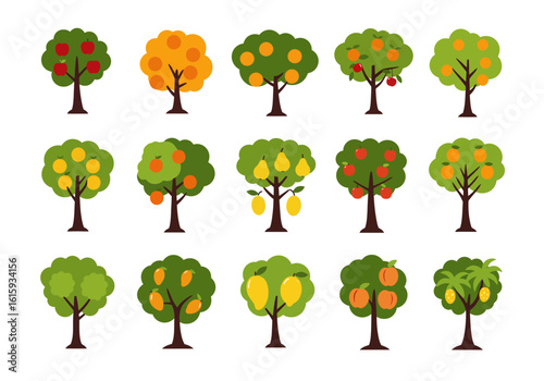 Fifteen cartoon fruit trees each bearing a different type of fruit