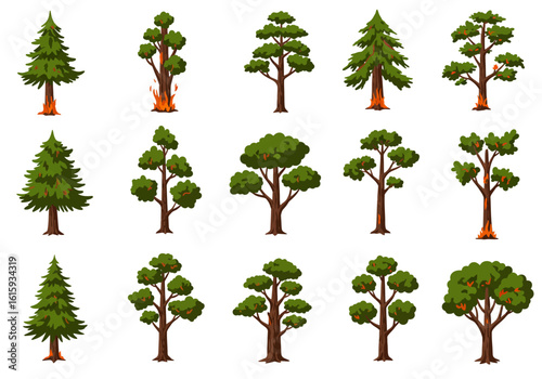 Fifteen cartoon trees of varying species some on fire arranged in a threebyfive grid on a white background