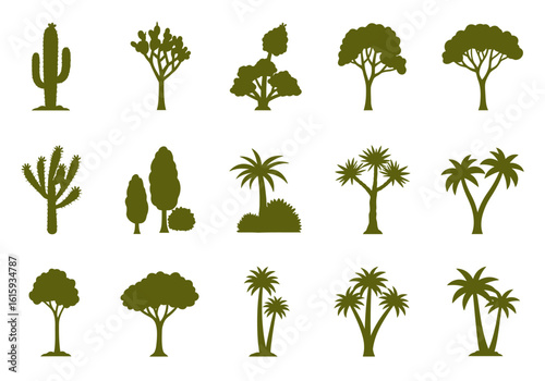 Fifteen olive green tree silhouettes arranged in three rows on a white background