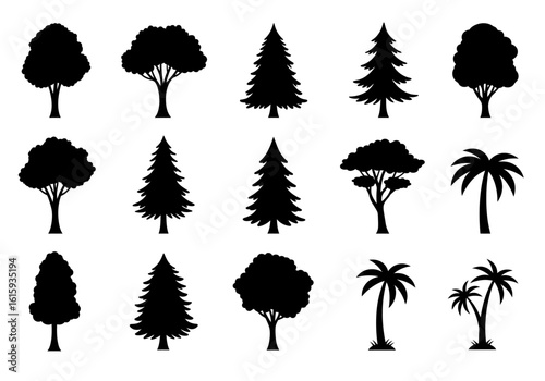 Fifteen tree silhouettes diverse species fir palm broadleaf in black on a white background