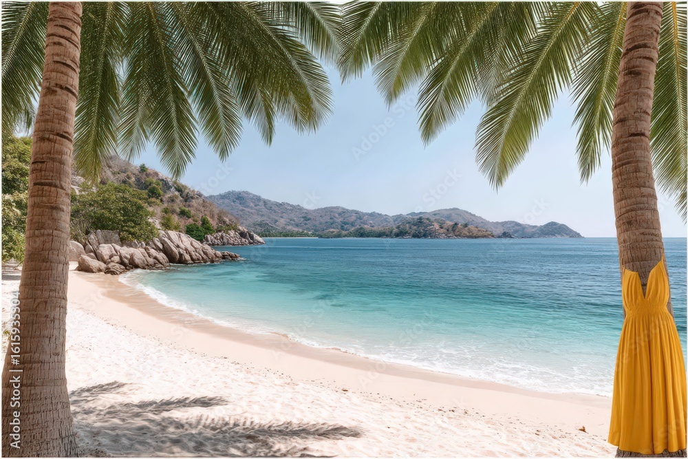 Obraz premium Serene beach landscape framed by lush palm trees with a vibrant yellow dress hanging on a palm trunk emphasizing relaxed coastal harmony and escapism in a tropical paradise