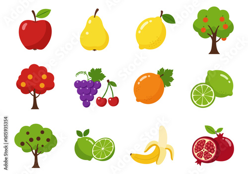 Fruit icons apple pear lemon limes banana grapes cherries orange pomegranates and fruit trees
