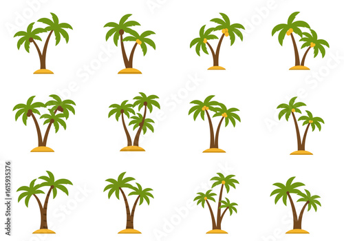 Graphic features 12 palm tree illustrations on a white background