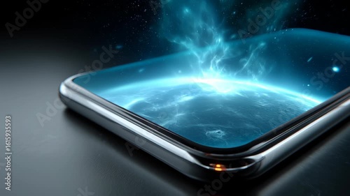Glowing Smartphone Display with Cosmic Visuals Representing Advanced Technology and Imagination