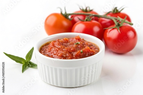 Freshly made tomato salsa in a white bowl with ripe tomatoes and mint leaves isolated on white background