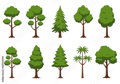 Ten cartoon trees of varying shapes and sizes stand in two rows on a plain white background