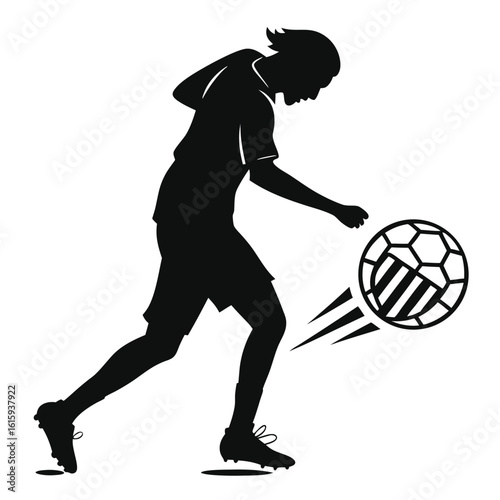Silhouette of a female soccer player kicking a soccer ball with dynamic motion and power showing skill and athleticism in this sports illustration