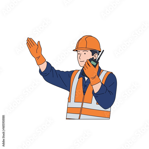 Construction Worker Directing with Hand Signal and Radio Communication