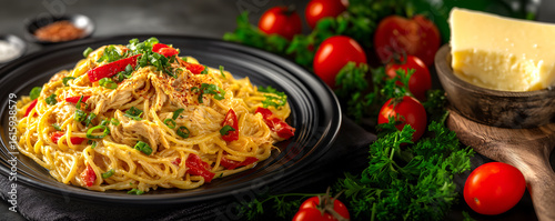 Obraz  z motywem Creative food Concept. Spicy chicken Casserole Creamy Baked spaghetti pasta with chili pepper, sprinkled paprika cheese herb tomato on dark table top with ingredients, copy text space