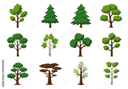 Twelve cartoon trees variety of species colors