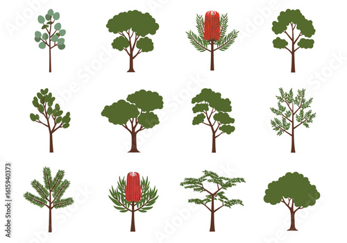 Twelve diverse tree illustrations with varying leaf shapes and colors are arranged in a rectangular grid on a white background