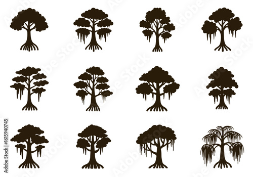Twelve silhouette trees with differing branch and hanging moss patterns arranged in a grid