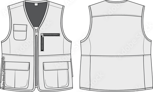 Blank light grey men's outdoor utility vest flat sketch, tactical hunting fishing gilet template, front and back view, vector illustration for apparel design."