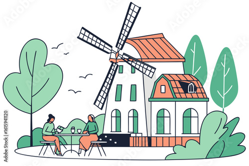 Relax near a Dutch windmill café in the Netherlands with people sipping drinks and enjoying views in modern flat illustration style.