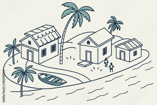 Resilient coastal barangay in the Philippines practicing typhoon preparedness with evacuation signs, modern flat illustration style