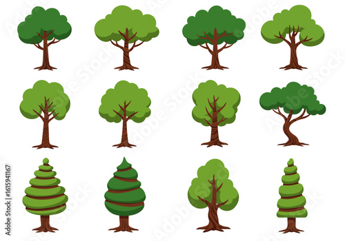 Twelve stylized trees are arranged in a grid on a white background