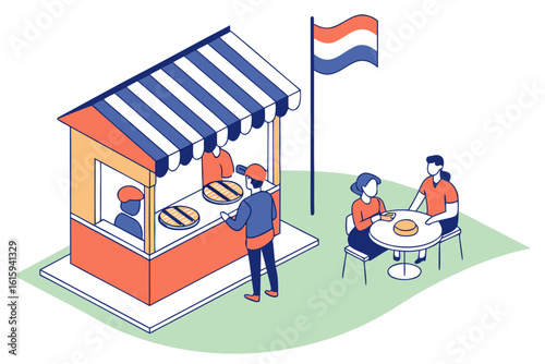 Taste the famous Dutch herring being served at a street food stand in the Netherlands with flags and smiling customers in modern flat illustration style.