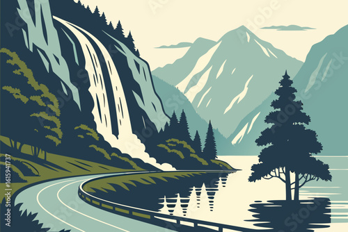 Waterfall veils plunging into a mirror fjord in Norway beside a winding road, modern flat illustration style