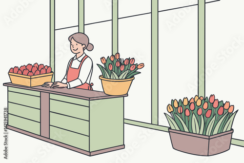 Walk through a small tulip shop in the Netherlands with fresh flowers, baskets, and a friendly shopkeeper in modern flat illustration style.