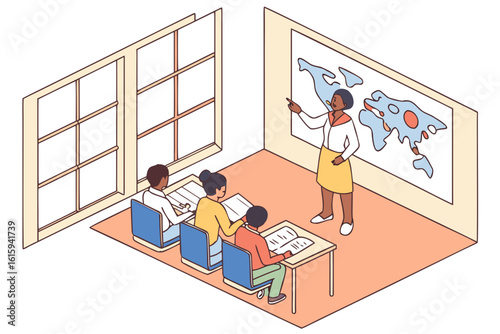 Waves science class in the Philippines studying typhoon patterns and safety, modern flat illustration style