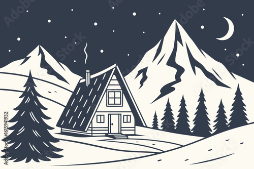 Wilderness hut in Norway offering refuge to skiers under a starry sky, modern flat illustration style