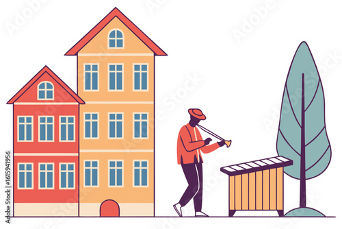 Xylophone performance by a street musician in Bergen, Norway, near colorful houses, modern flat illustration style