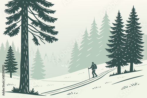 Quiet snow-laden boreal forest in Norway with a single skier cutting a serene path, modern flat illustration style