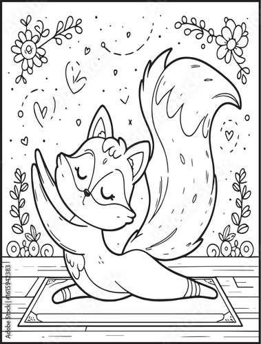 Animal-themed coloring page for kids and adults: Animal doing yoga: Yogi fox practicing yoga