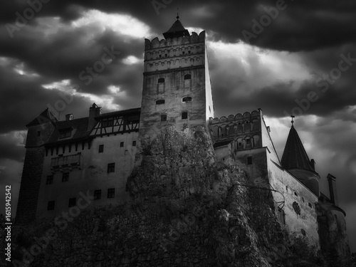 Bran Vampire Castle in Brasov in black and white, Romania