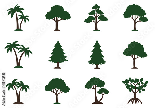 Twelve trees including palms and pines displayed against a white background