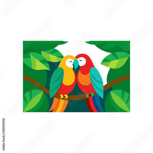 macaw pair cuddling on rainforest vine