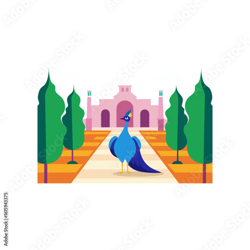 peacock walking through palace garden courtyard