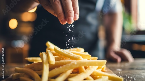 Close up of hand sprinkling salt on golden french fries image